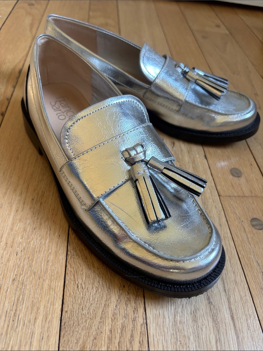 Franco Sarto Lucia Metallic Silver Tassel Loafers 7.5 NWOB